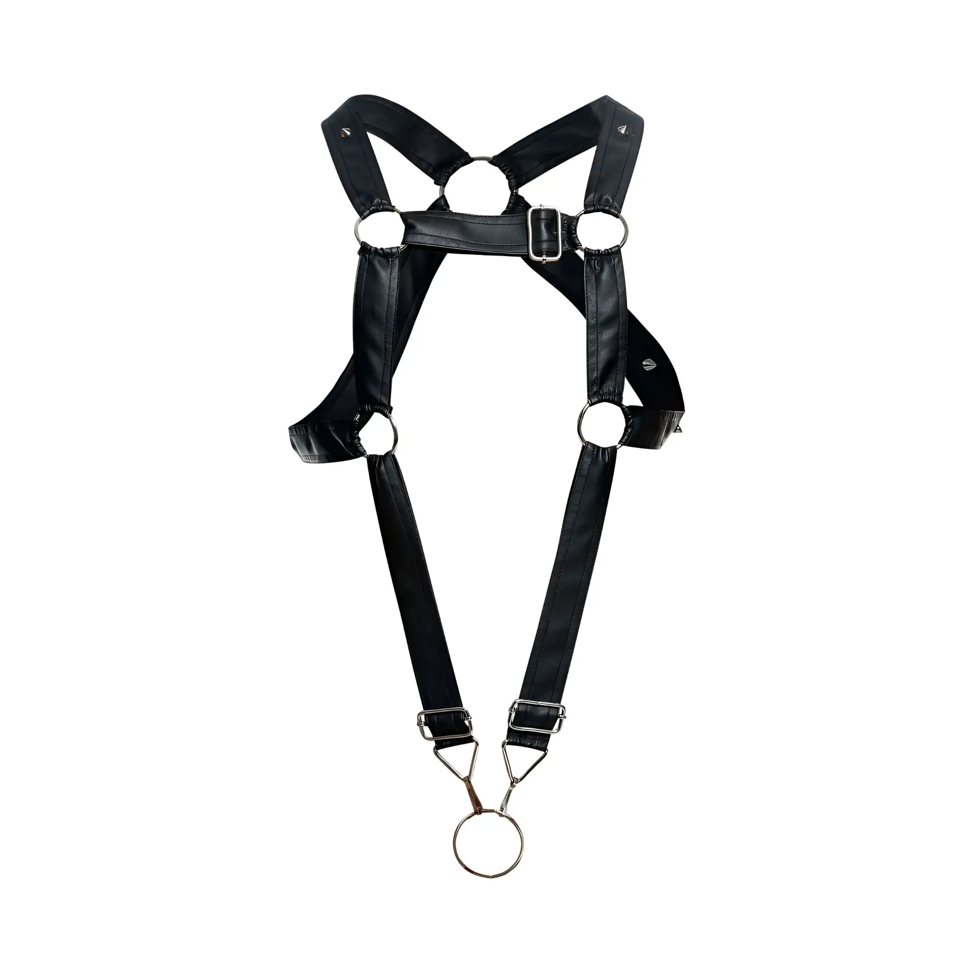 Malebasics dmblo7 dngeon cross cockring harness in black faux leather with silver metal rings and buckle