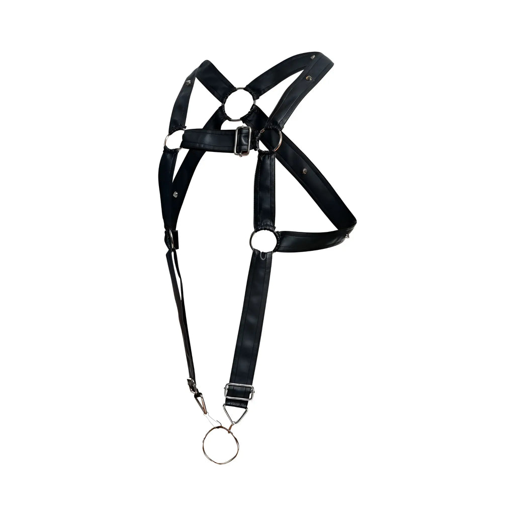 MaleBasics DMBL07 DNGEON black patent leather cross cockring harness with silver metal hardware and dangling ring