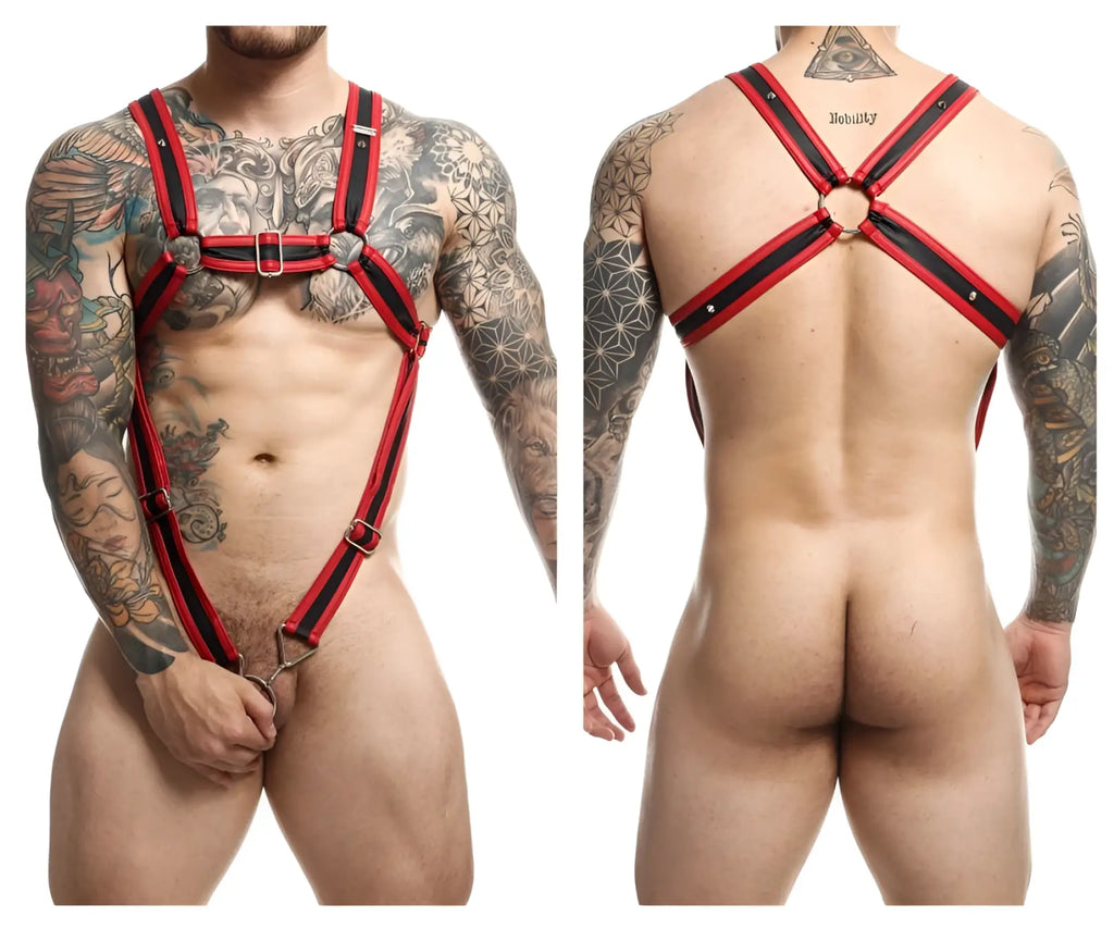 Malebasics dmblo7 dngeon cross cockring harness in red and black leather with silver metal hardware