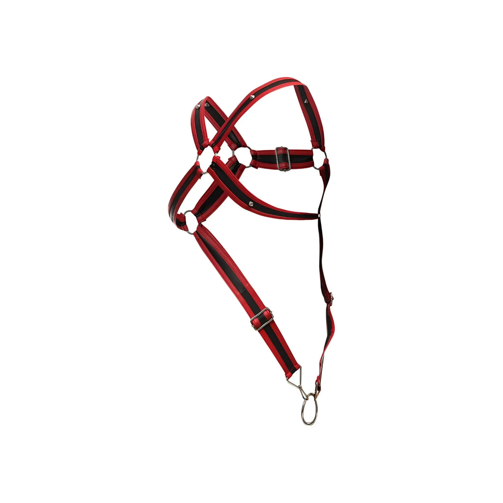 Malebasics dmblo7 dngeon cross cockring harness with red and black striped horse halter metal buckle and ring
