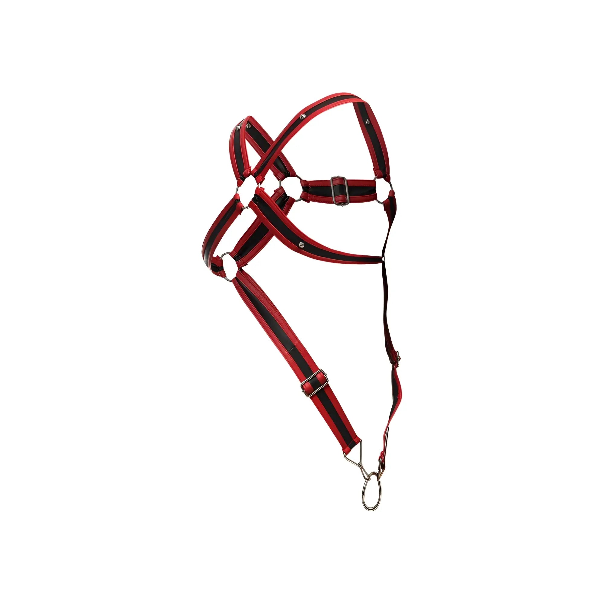 Malebasics dmblo7 dngeon cross cockring harness with red and black striped horse halter metal buckle and ring