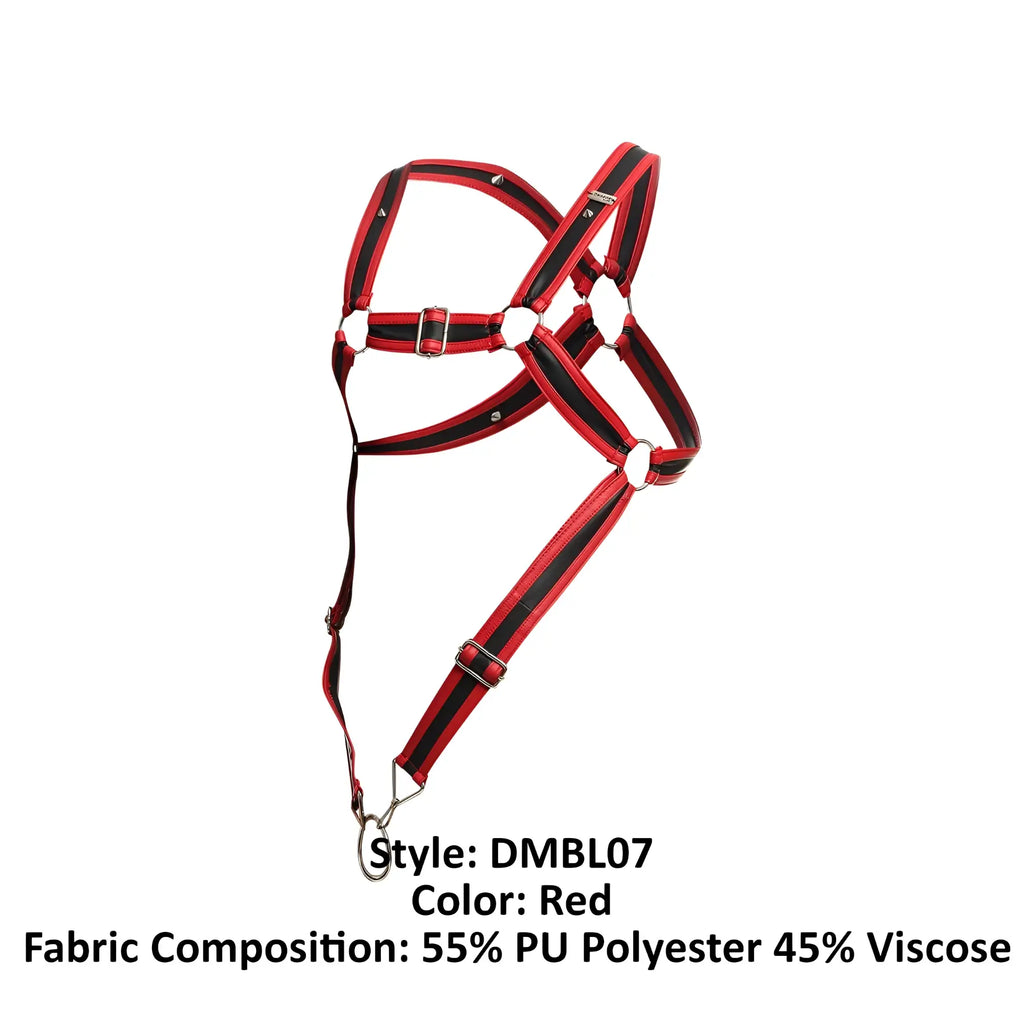 Malebasics dmblo7 dngeon cross cockring harness in red with black striped horse halter and silver metal hardware