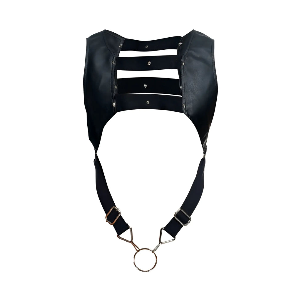 Malebasics dmbly08 dngeon black faux leather cockring harness with three horizontal straps and bottom metal ring