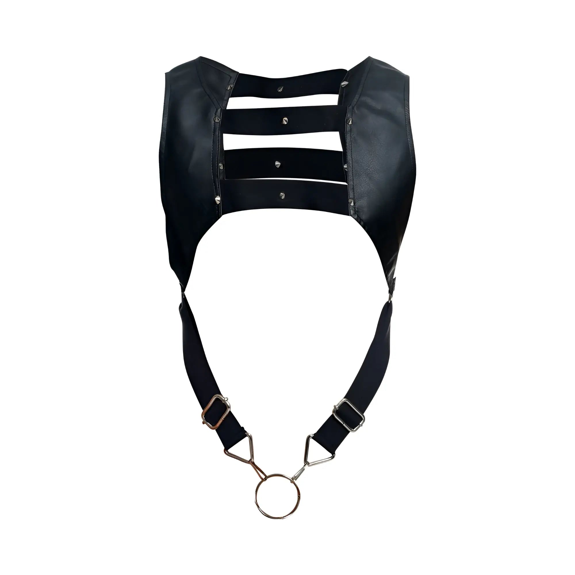 Malebasics dmbly08 dngeon black faux leather cockring harness with three horizontal straps and bottom metal ring