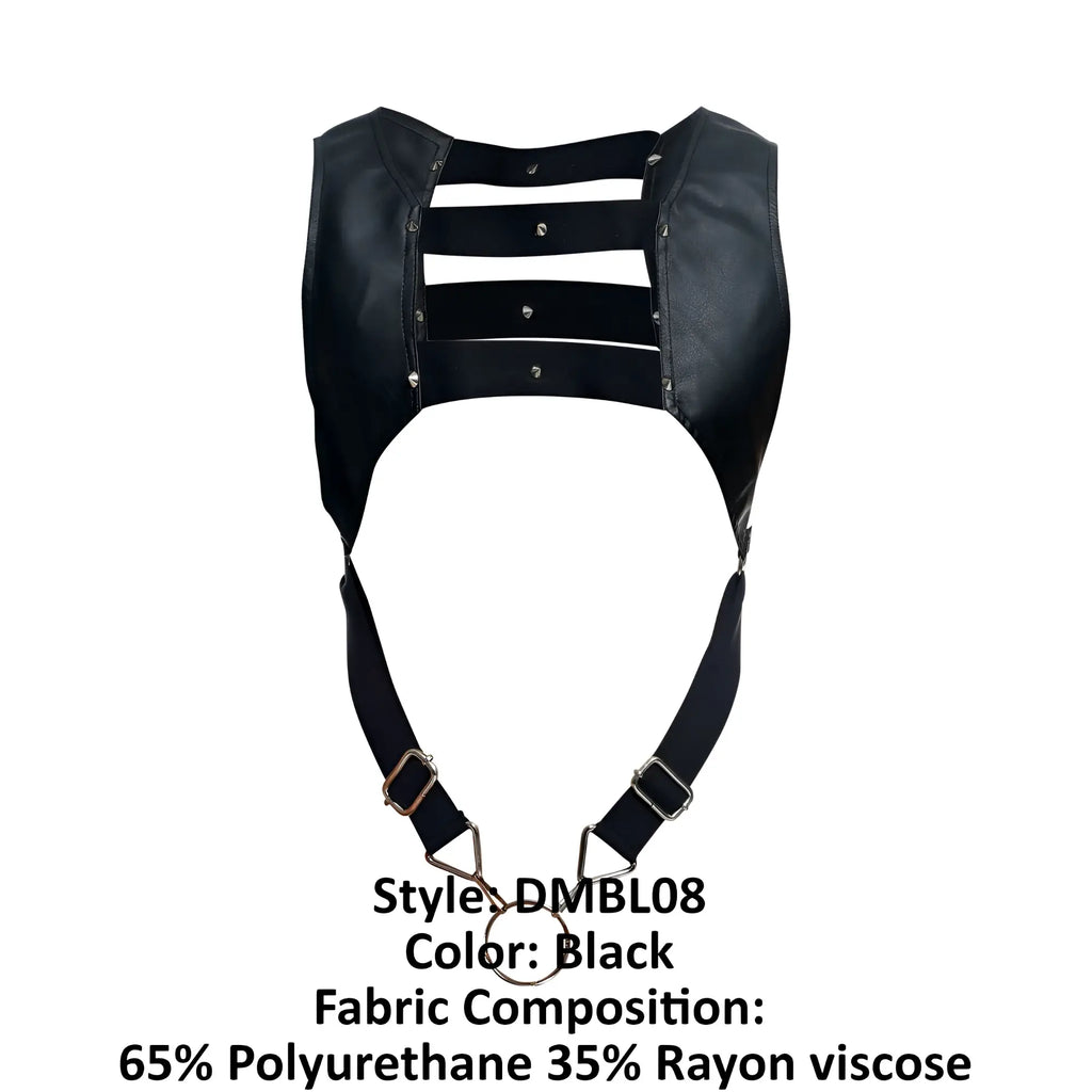 Black leather-like malebasics dmble08 dngeon croptop cockring harness with three horizontal and adjustable shoulder straps