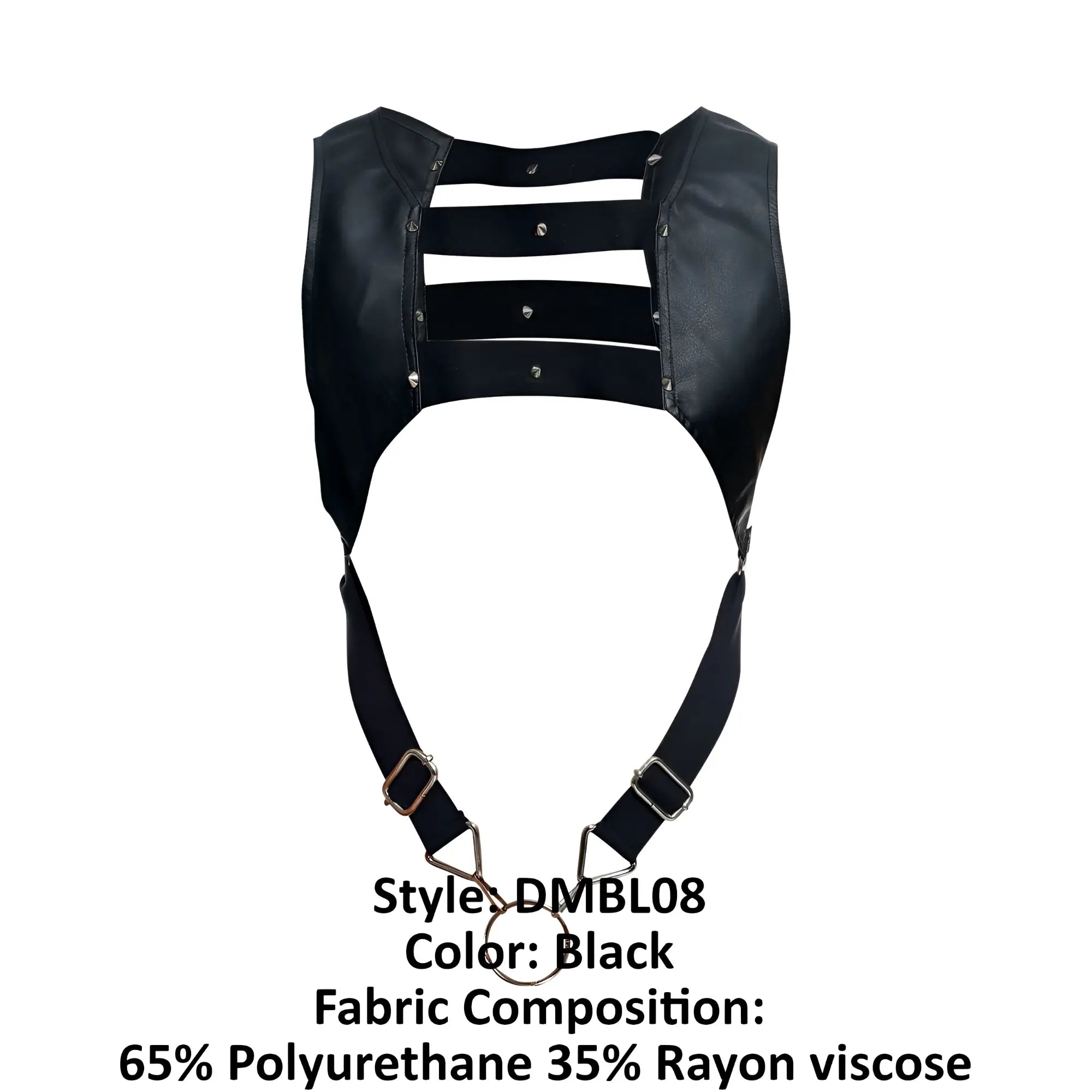 Black leather-like malebasics dmble08 dngeon croptop cockring harness with three horizontal and adjustable shoulder straps