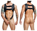 Malebasics dmbl08 dngeon croptop cockring harness in black leather with metal buckles and chain attachment