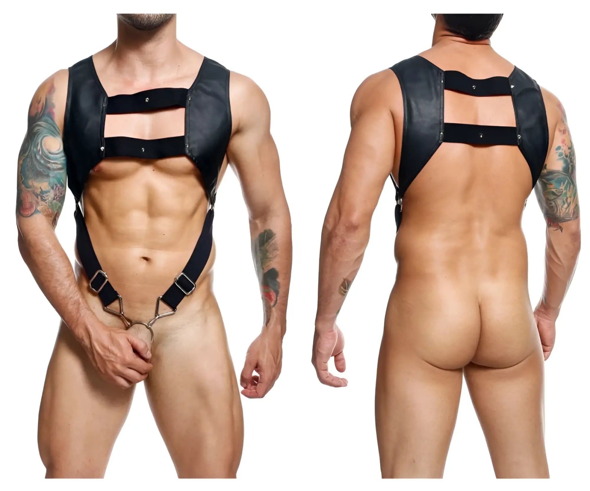 Malebasics dmbl08 dngeon croptop cockring harness in black leather with metal buckles and chain attachment