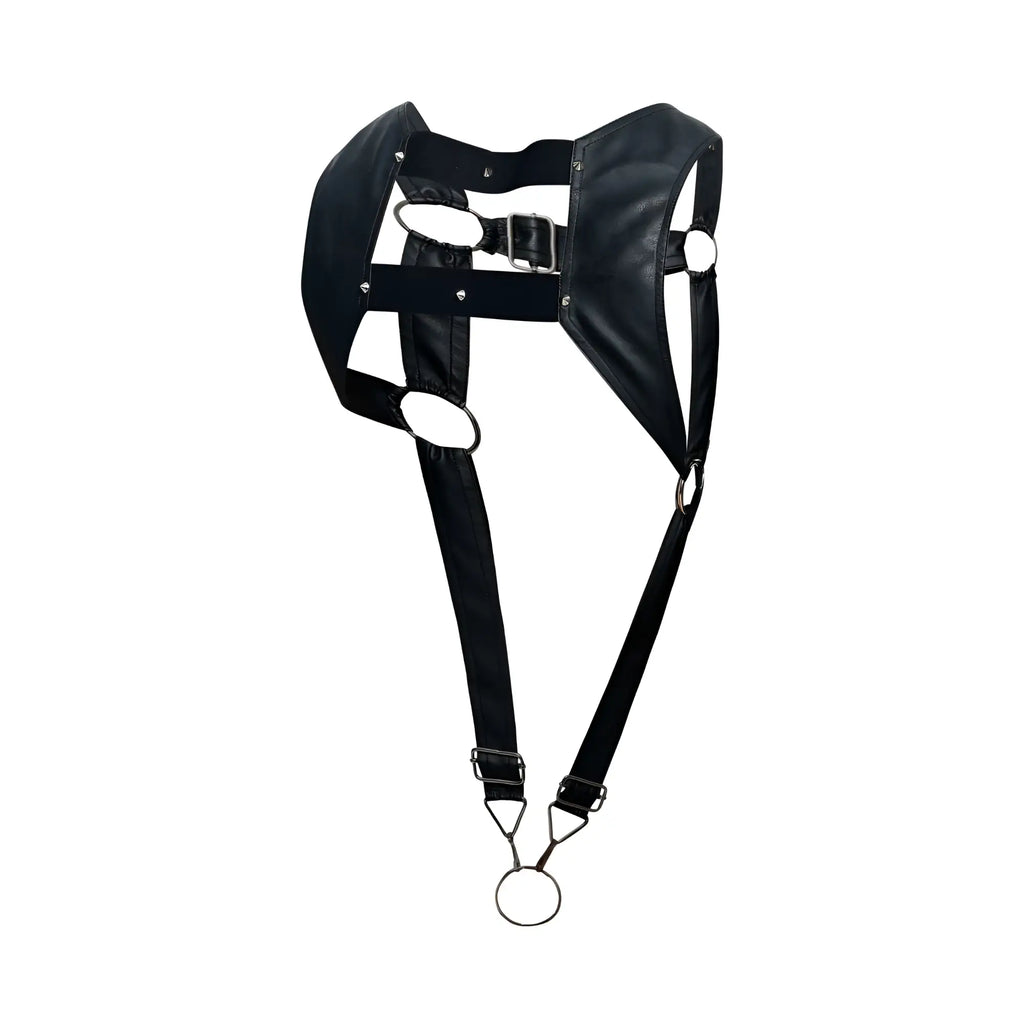 Black leather malebasics dmbl08 dngeon croptop cockring harness with metal rings and buckle in black