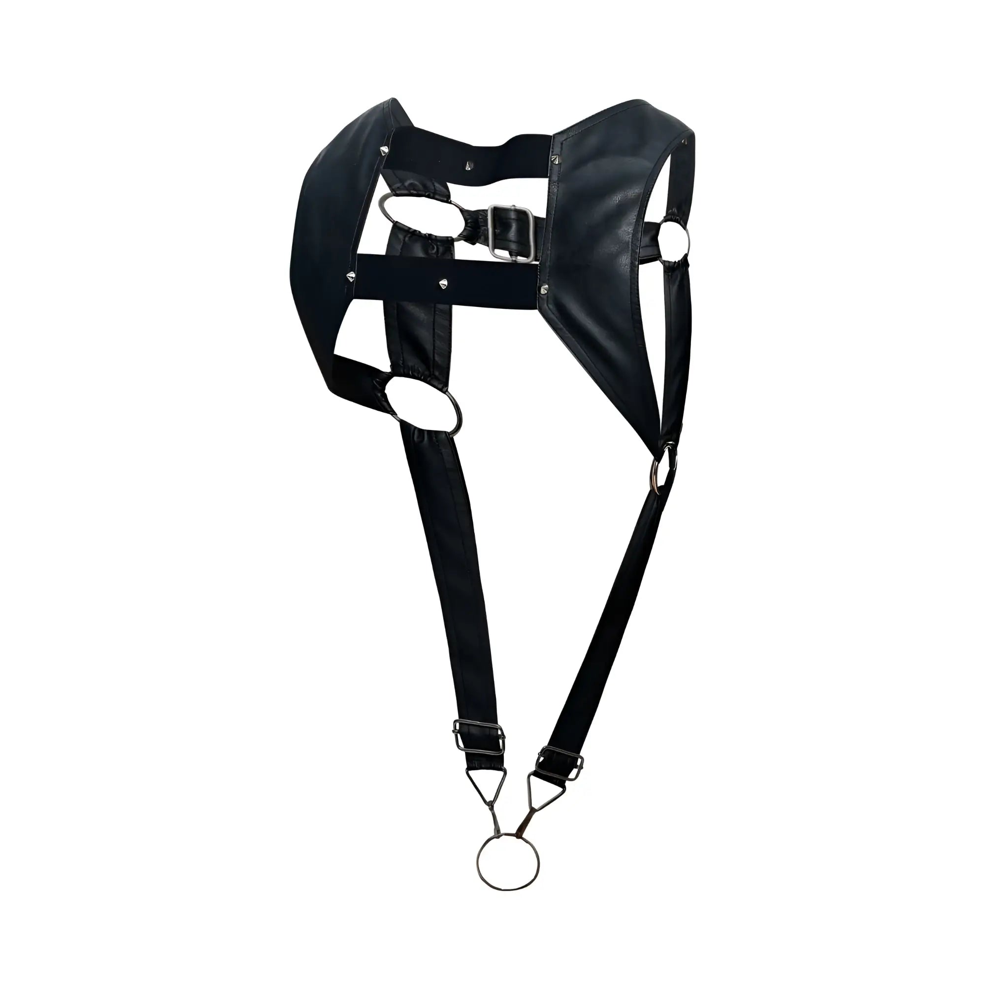 Black leather malebasics dmbl08 dngeon croptop cockring harness with metal rings and buckle in black