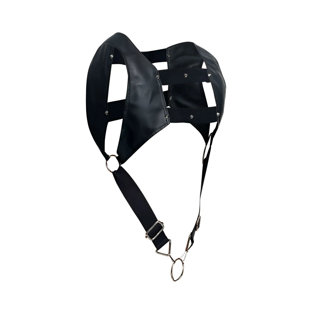 Black leather male basics dmblo8 dngeon croptop cockring harness with silver metal rings and clasps