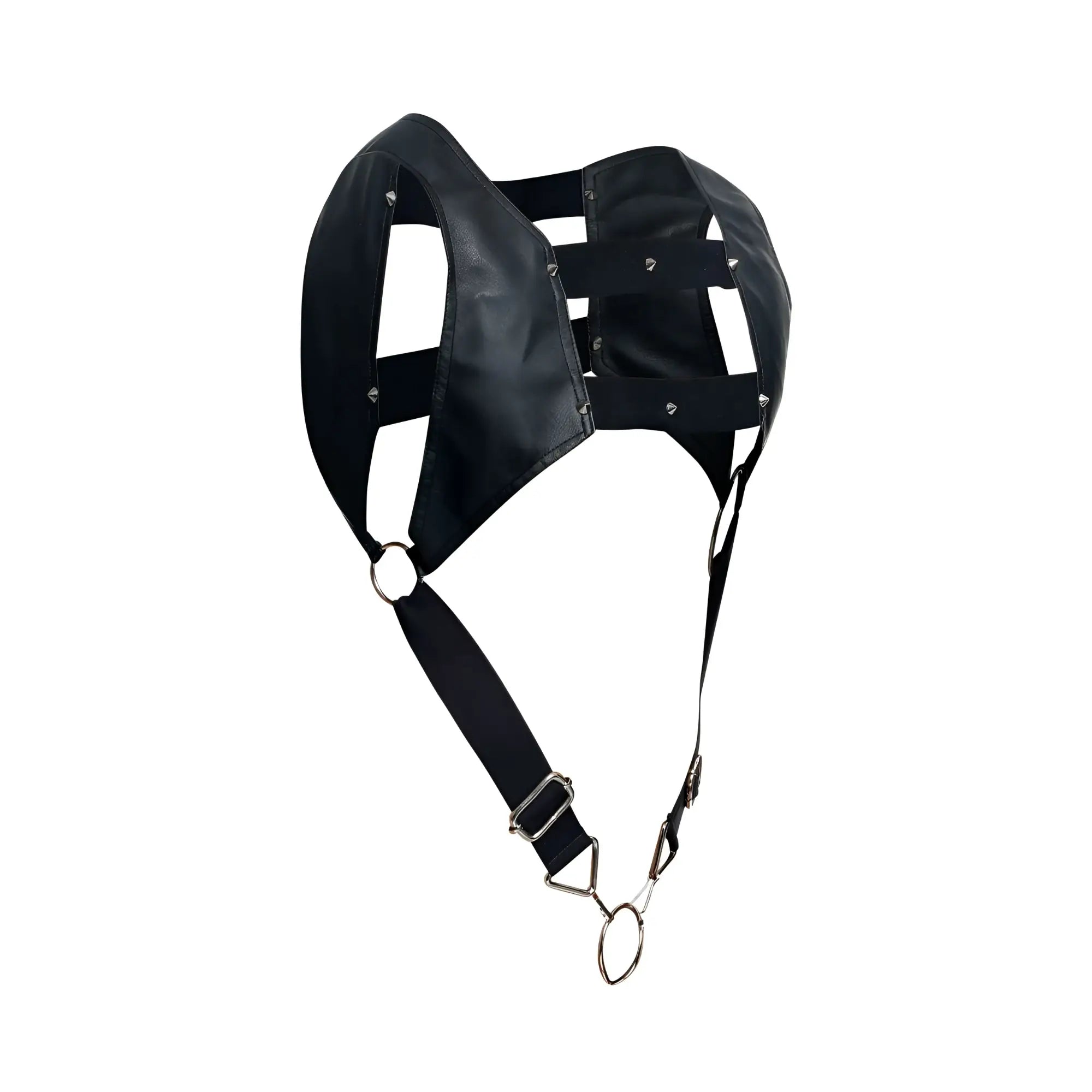 Black leather male basics dmblo8 dngeon croptop cockring harness with silver metal rings and clasps