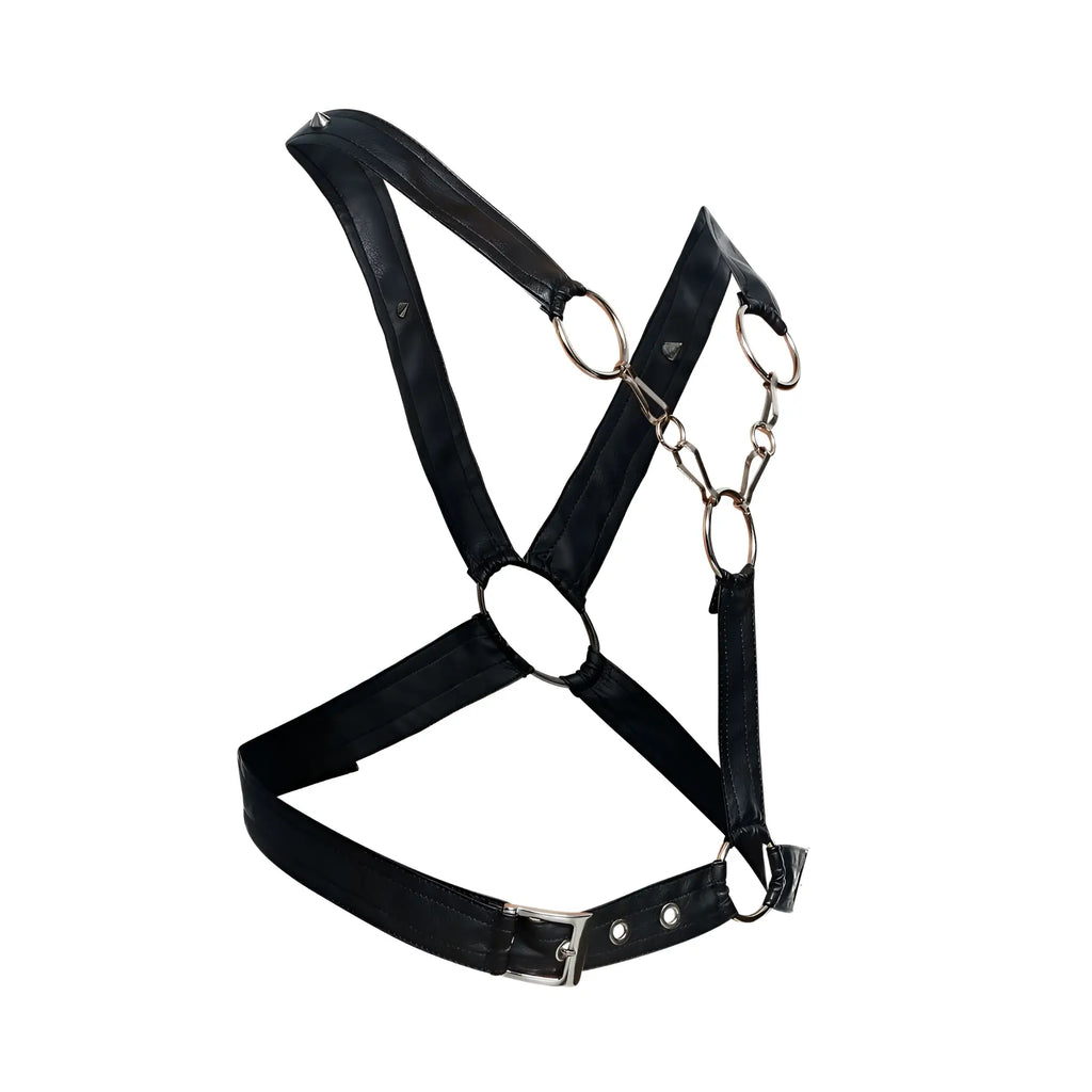 Malebasics dmbl09 dngeon black male faux leather harness with silver metal rings and buckle visible from the back side