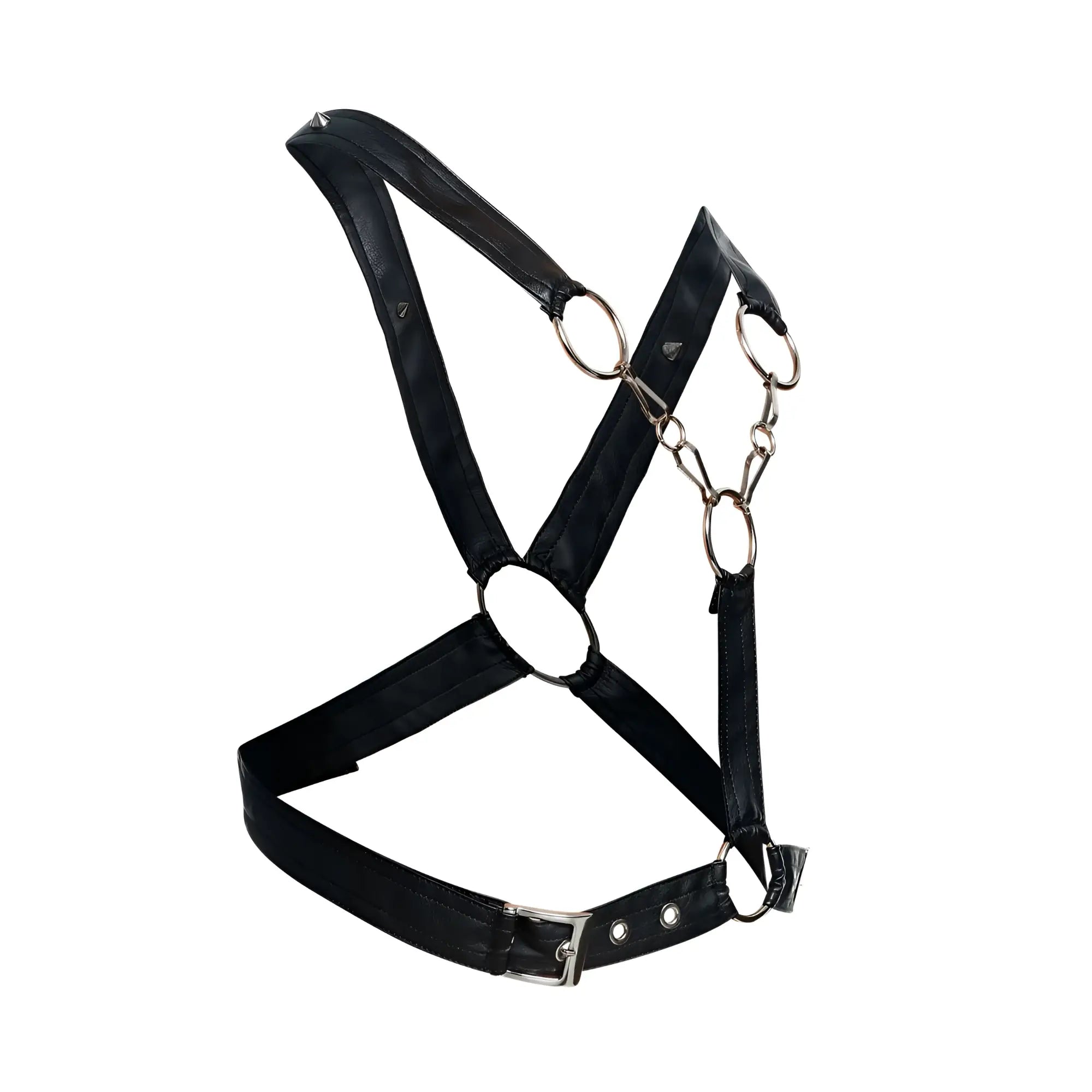 Malebasics dmbl09 dngeon black male faux leather harness with silver metal rings and buckle visible from the back side
