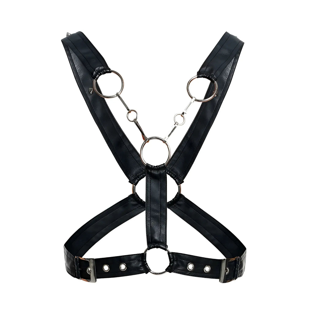 Malebasics dmblo9 dngeon black faux leather cross chain harness with silver metal rings and buckles
