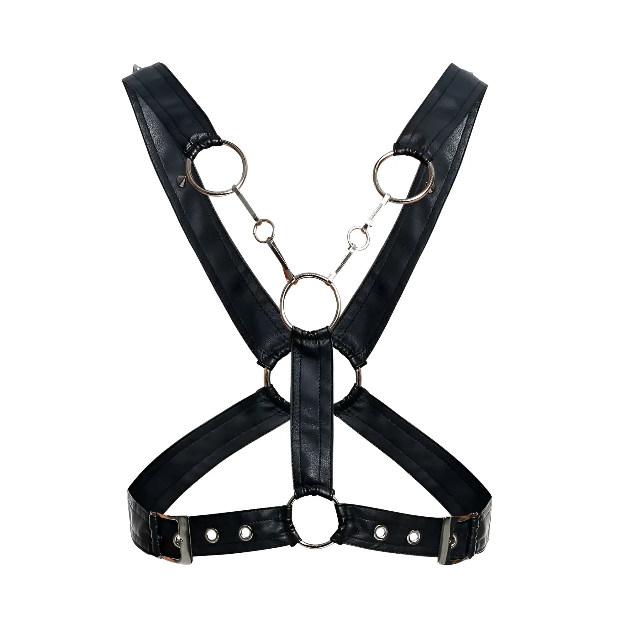 Malebasics dmblo9 dngeon black faux leather cross chain harness with silver metal rings and buckles