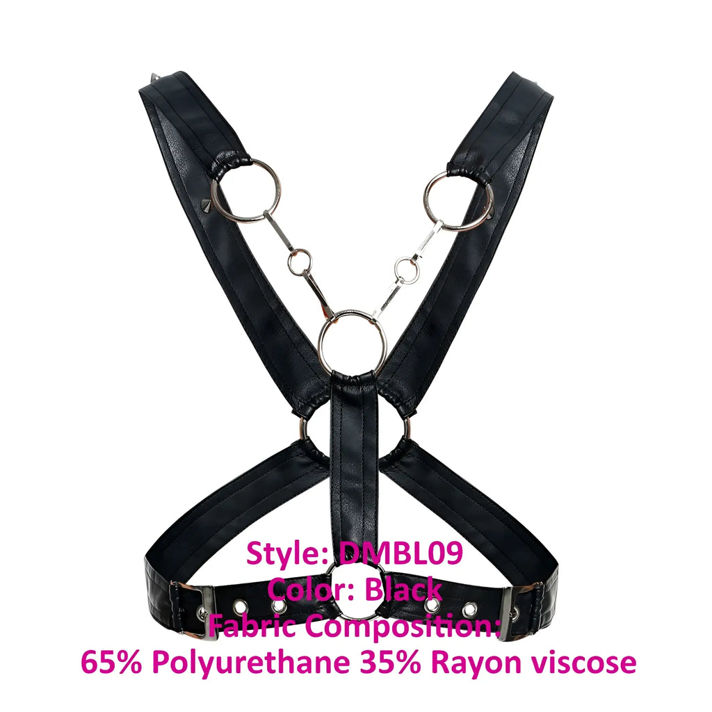 Black leather-like harness with silver rings and chains malebasics dmblo9 dungeon cross chain harness