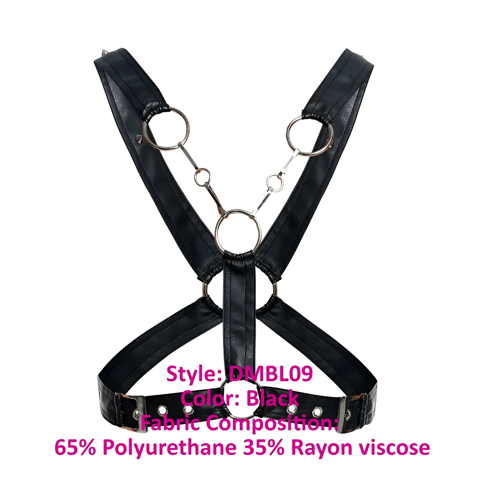 Black leather-like harness with silver rings and chains malebasics dmblo9 dungeon cross chain harness
