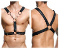 Malebasics dmblo9 dngeon cross chain harness in black leather with silver rings and buckles front view