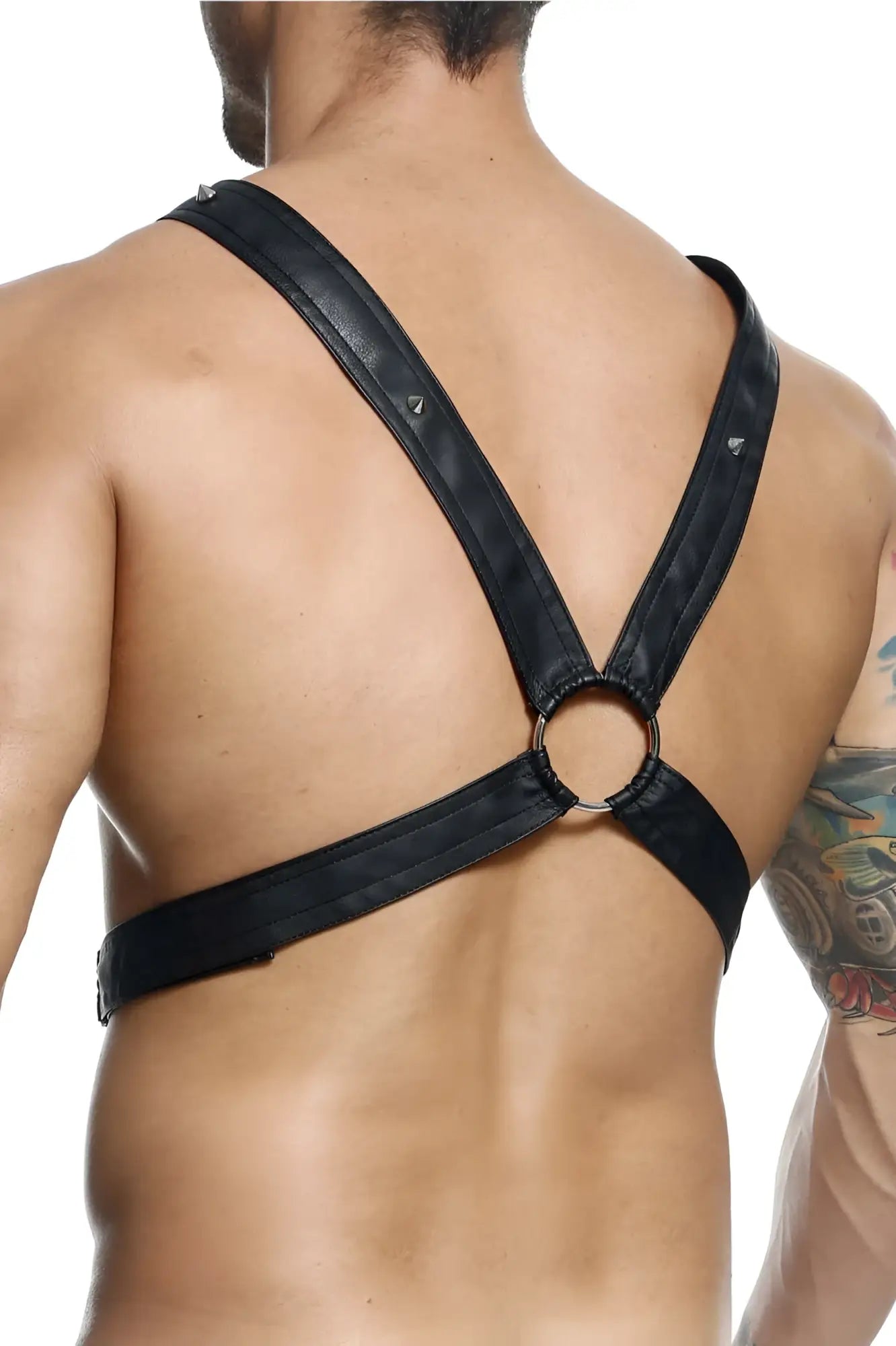 Malebasics dmbl09 dngeon cross chain harness in black leather with silver metal rings and studs visible from the back