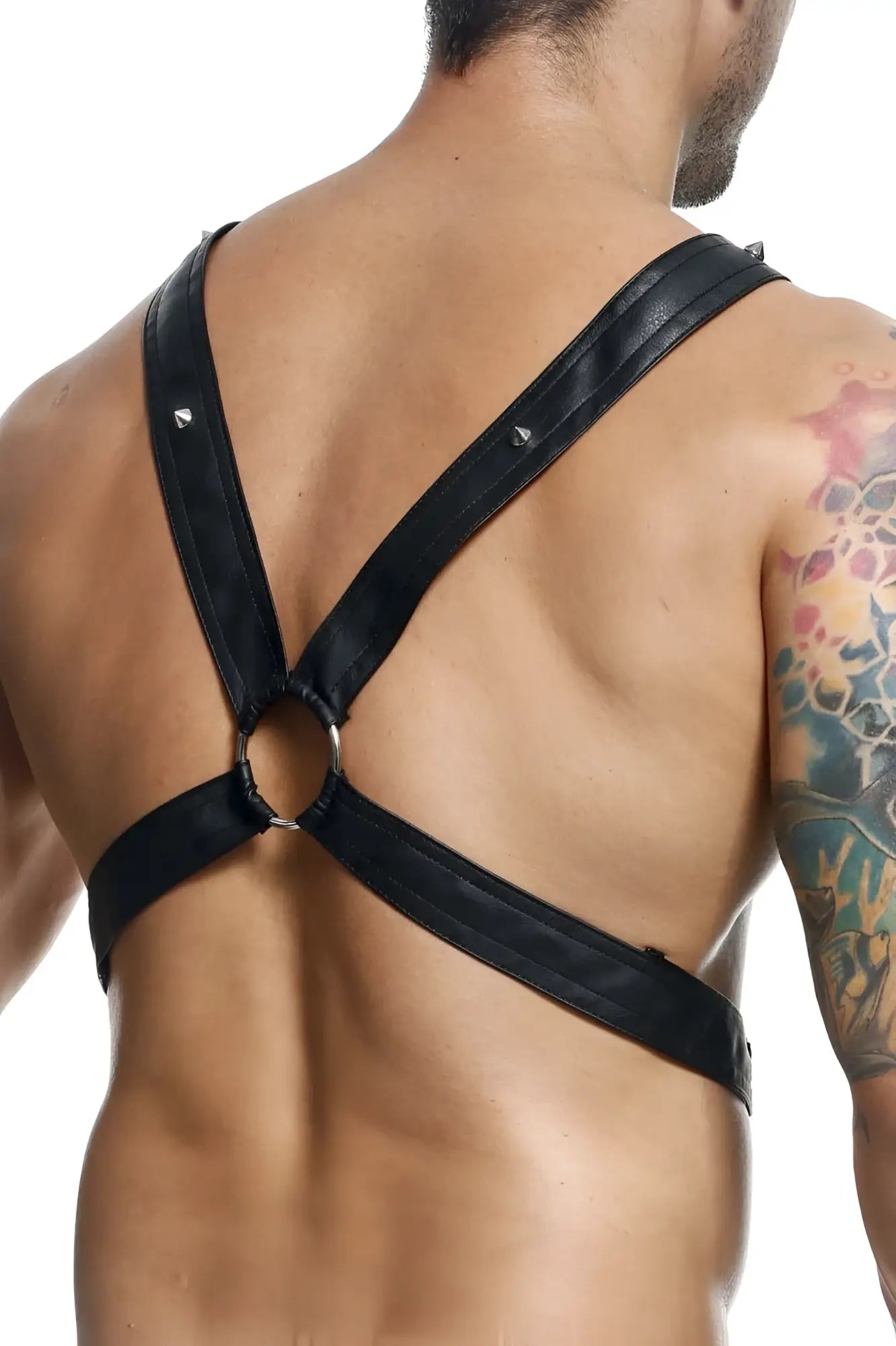 Malebasics dmbL09 dngeon black leather harness with silver metal rings and studs cross chain design
