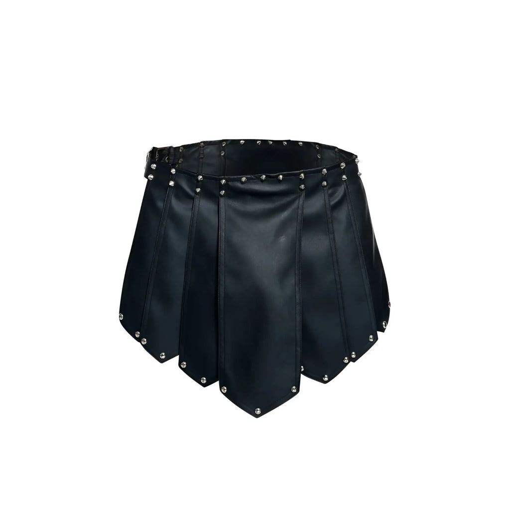 Black faux leather pleated malebasics dmb10 dngeon roman skirt with silver studs on waistband and hem