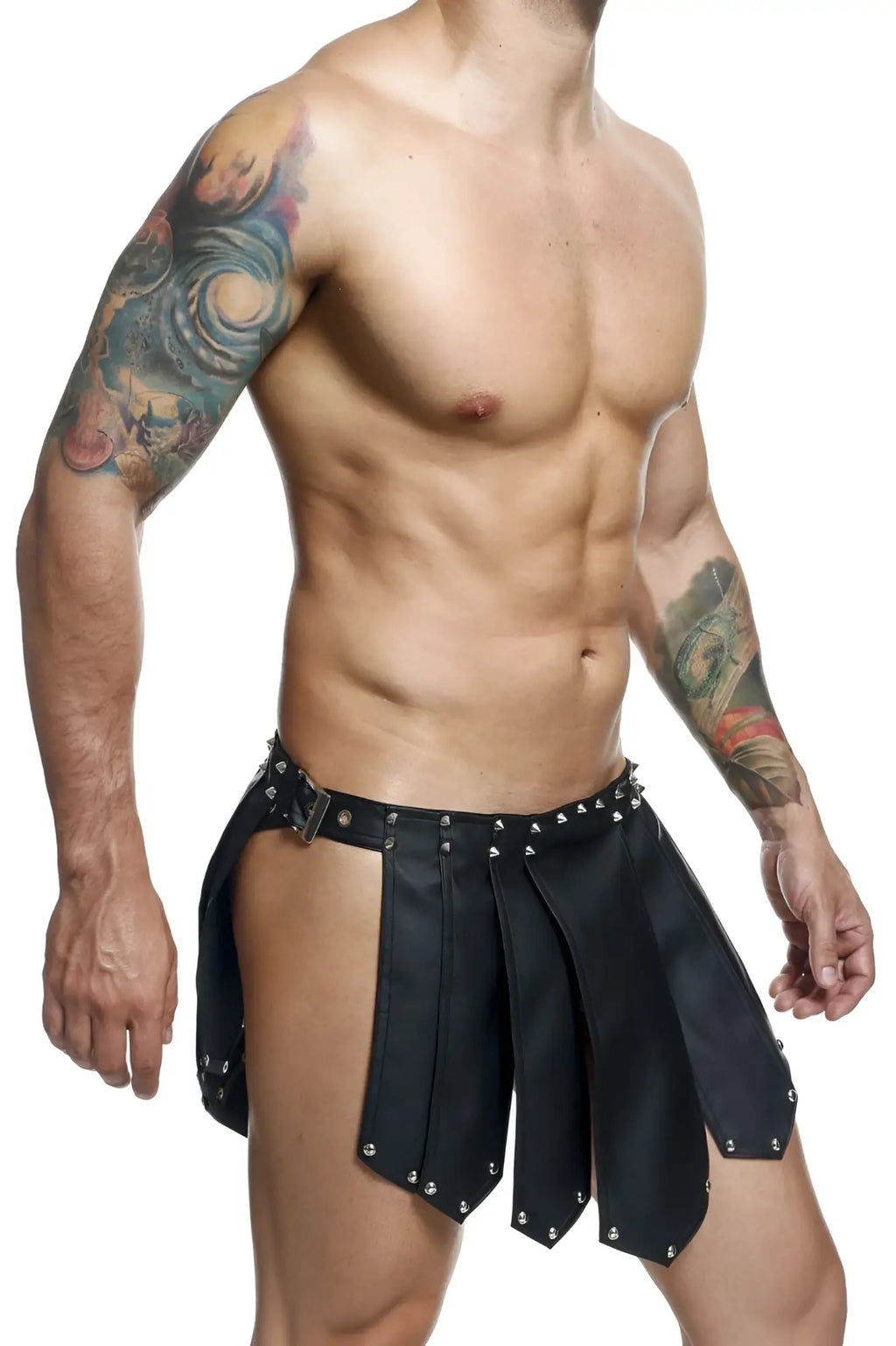 Malebasics dmbl10 dngeon roman skirt in black leather chaps with silver studs and metallic buckle front view