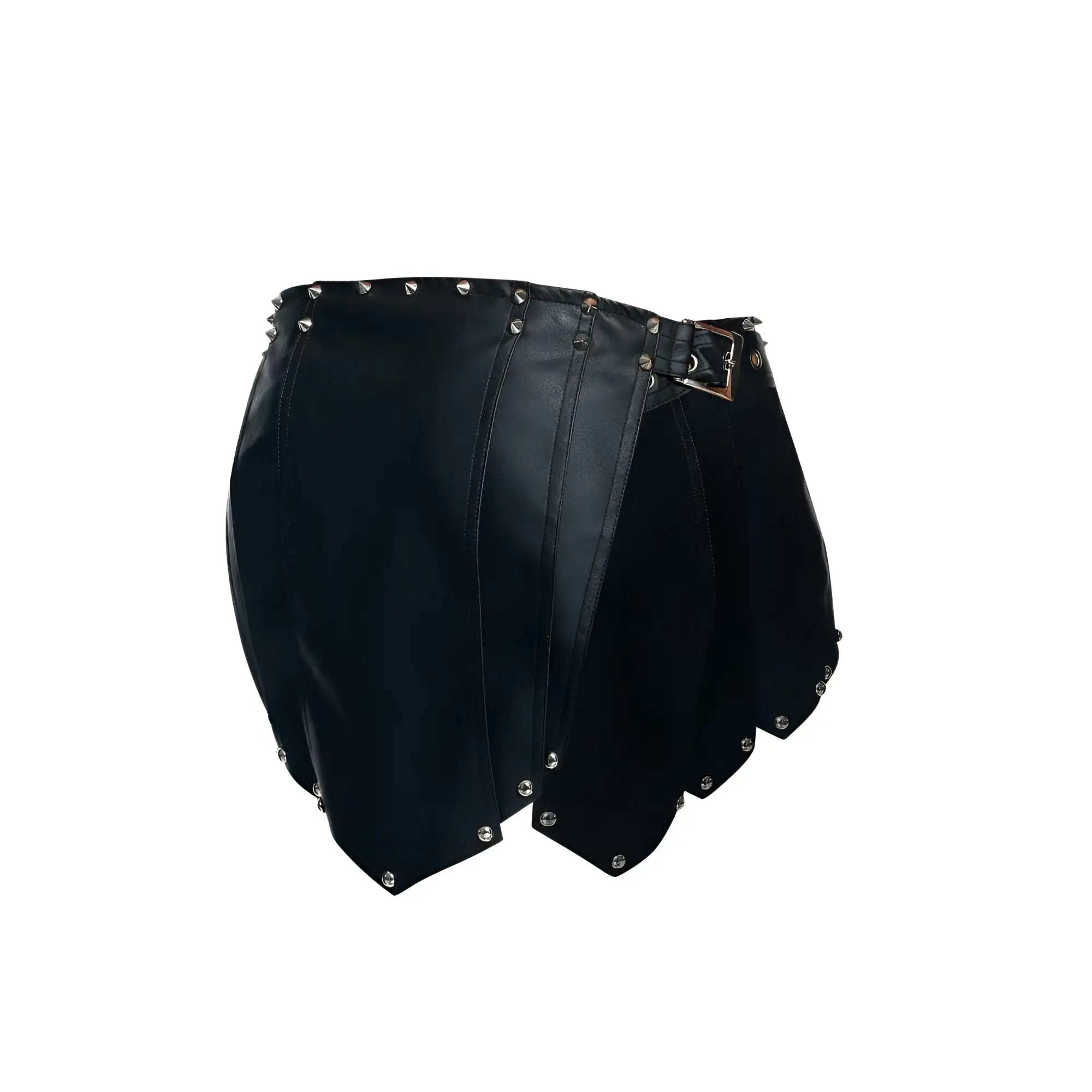 MaleBasics DMBL10 Dungeon black leather mini skirt with silver studs and metallic buckle front detail