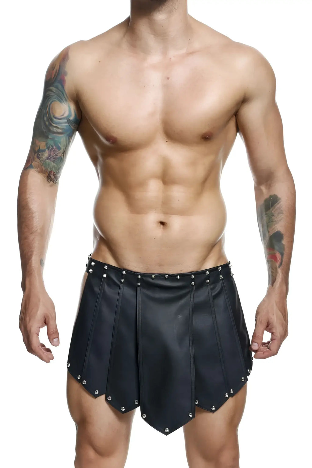 Black leather pleated shorts with silver studs along hem and waistband from malebasics dmble10 dngeon roman skirt collection