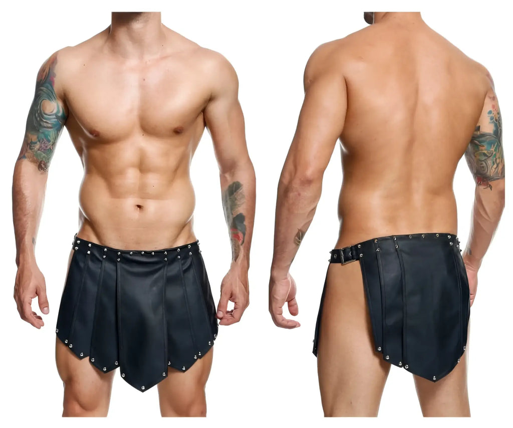 Black leather malebasics dmbly10 dngeon roman skirt with silver studs and belt buckle detail in front view