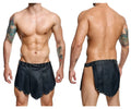 Black leather malebasics dmbly10 dngeon roman skirt with silver studs and belt buckle detail in front view