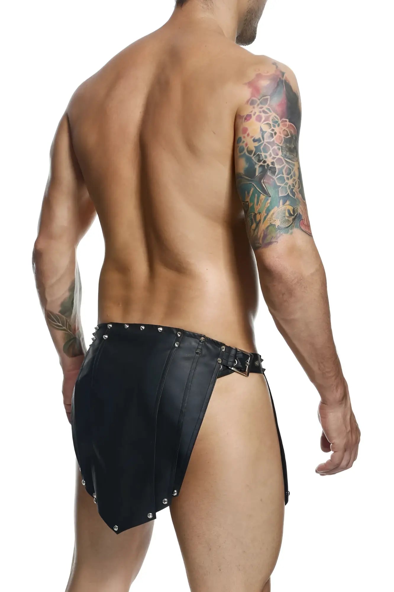 Malebasics dmbl10 dngeon black leather briefs with silver studs and a buckle belt visible from the back side