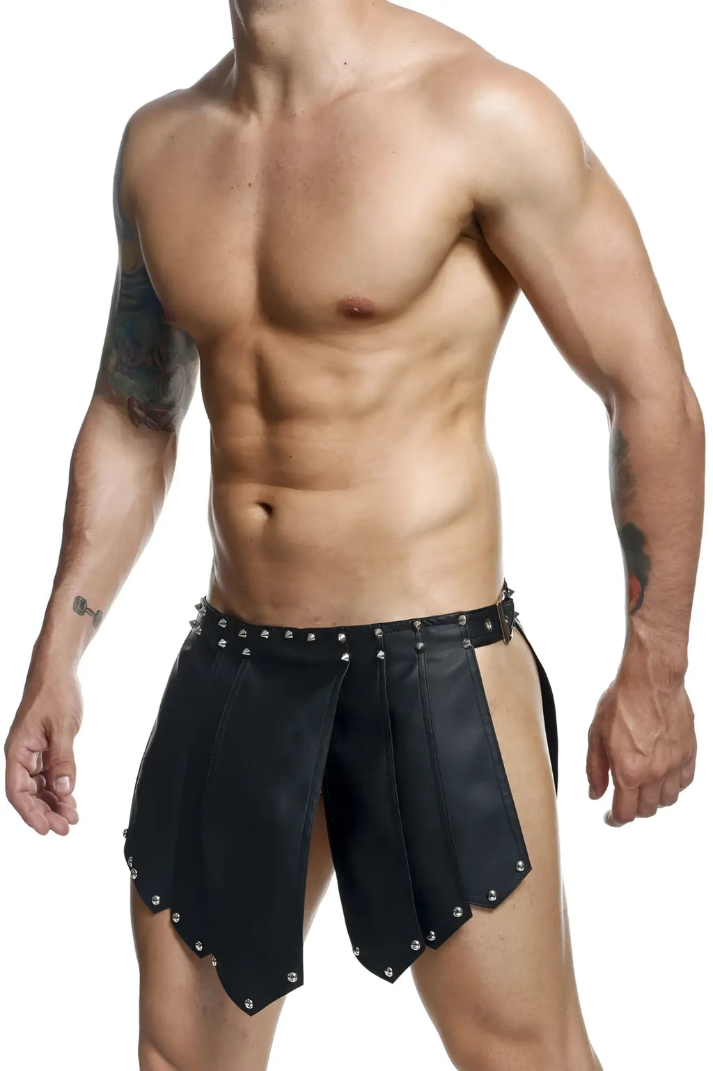 Malebasics dmbl10 dngeon black leather roman-style shorts with silver studs on waistband and hem