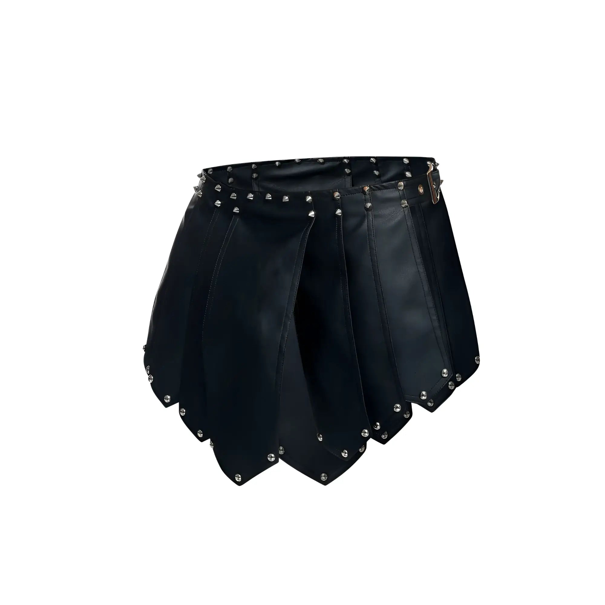 MaleBasics DMBL10 DNGEON black pleated leather mini skirt with silver stud details on waistband and hem
