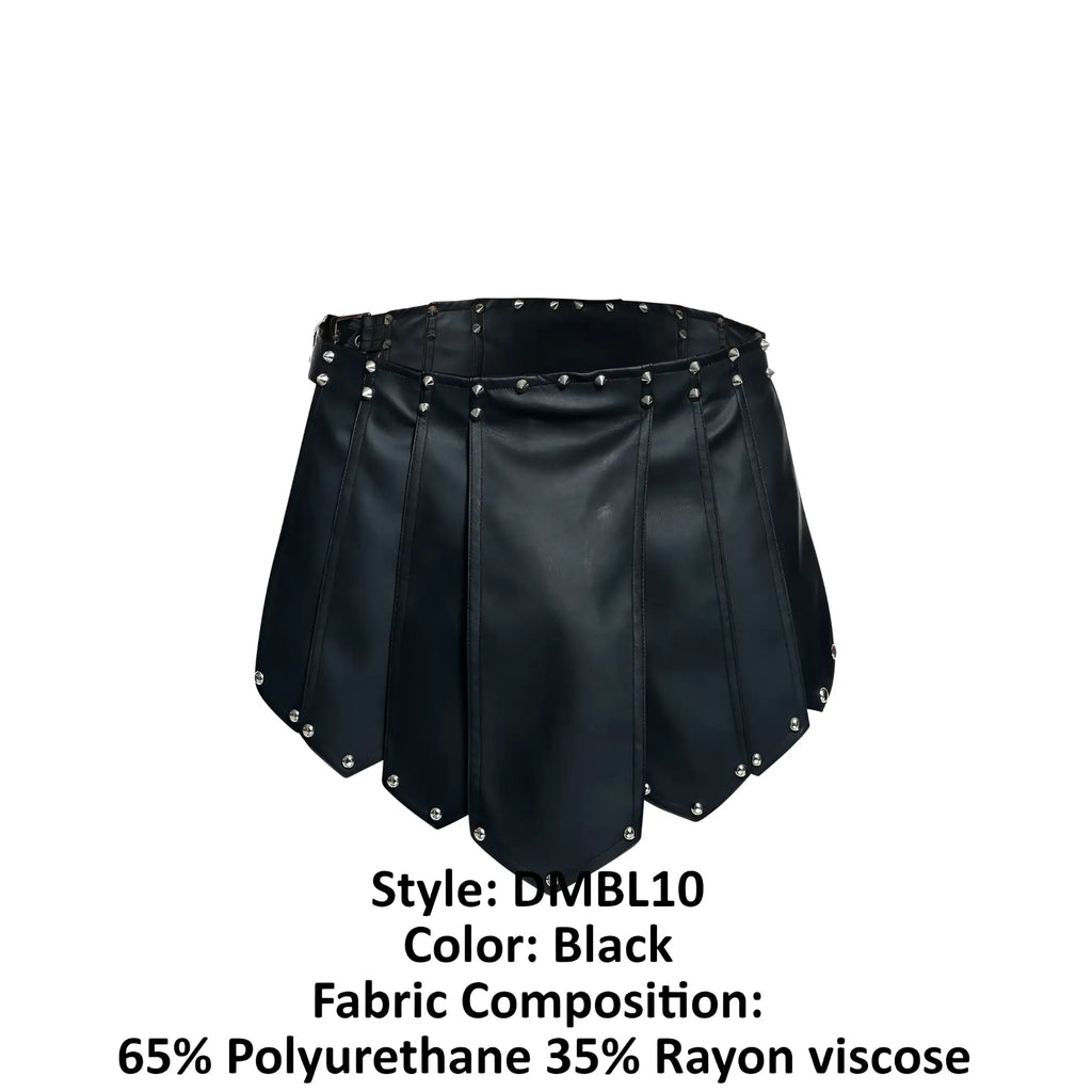 Malebasics dmb10 dngeon roman skirt in black with silver studs made from 65 polyurethane and 35 rayon viscose