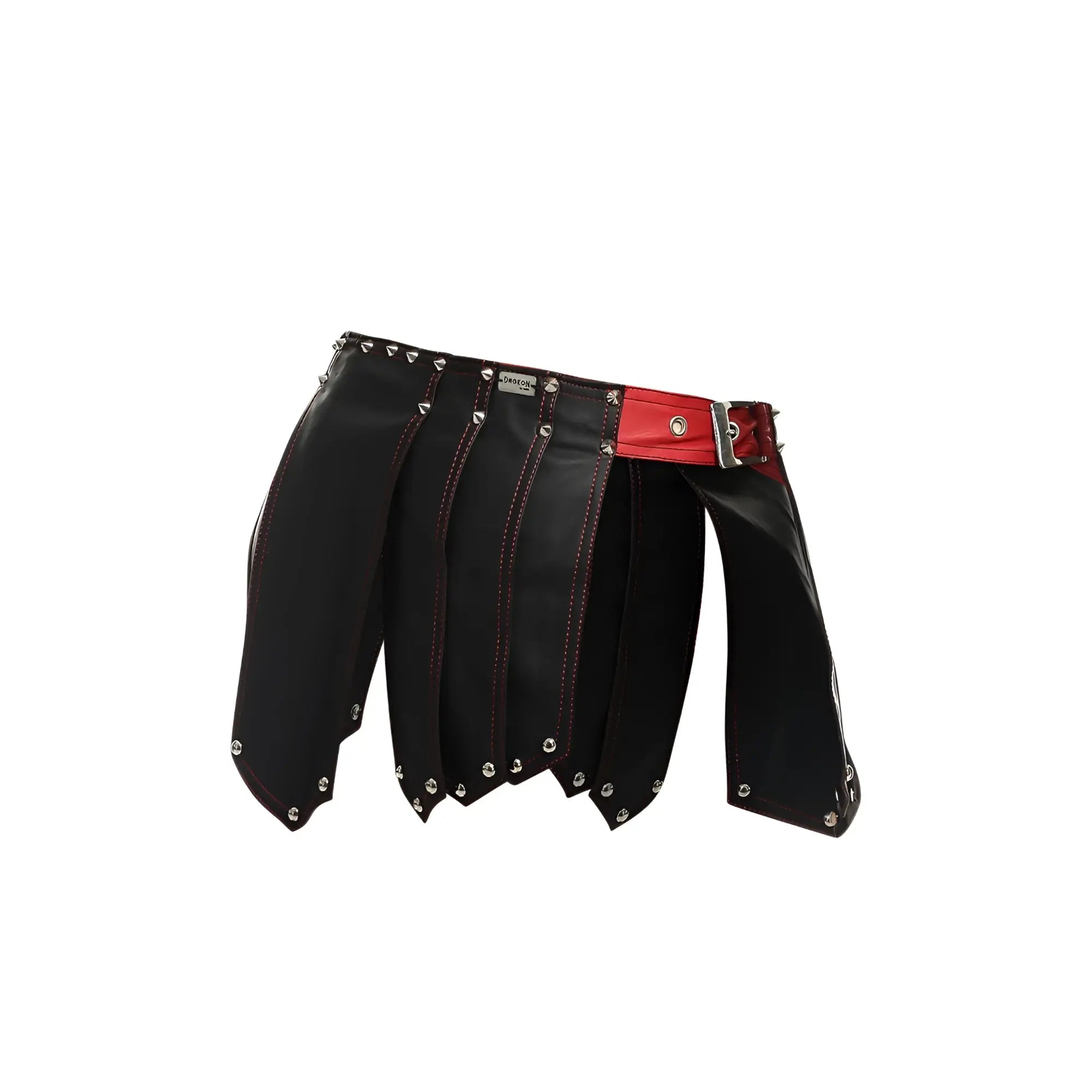 Malebasics dmbl10 dungeon roman skirt in black leather with red belt and silver studs front view
