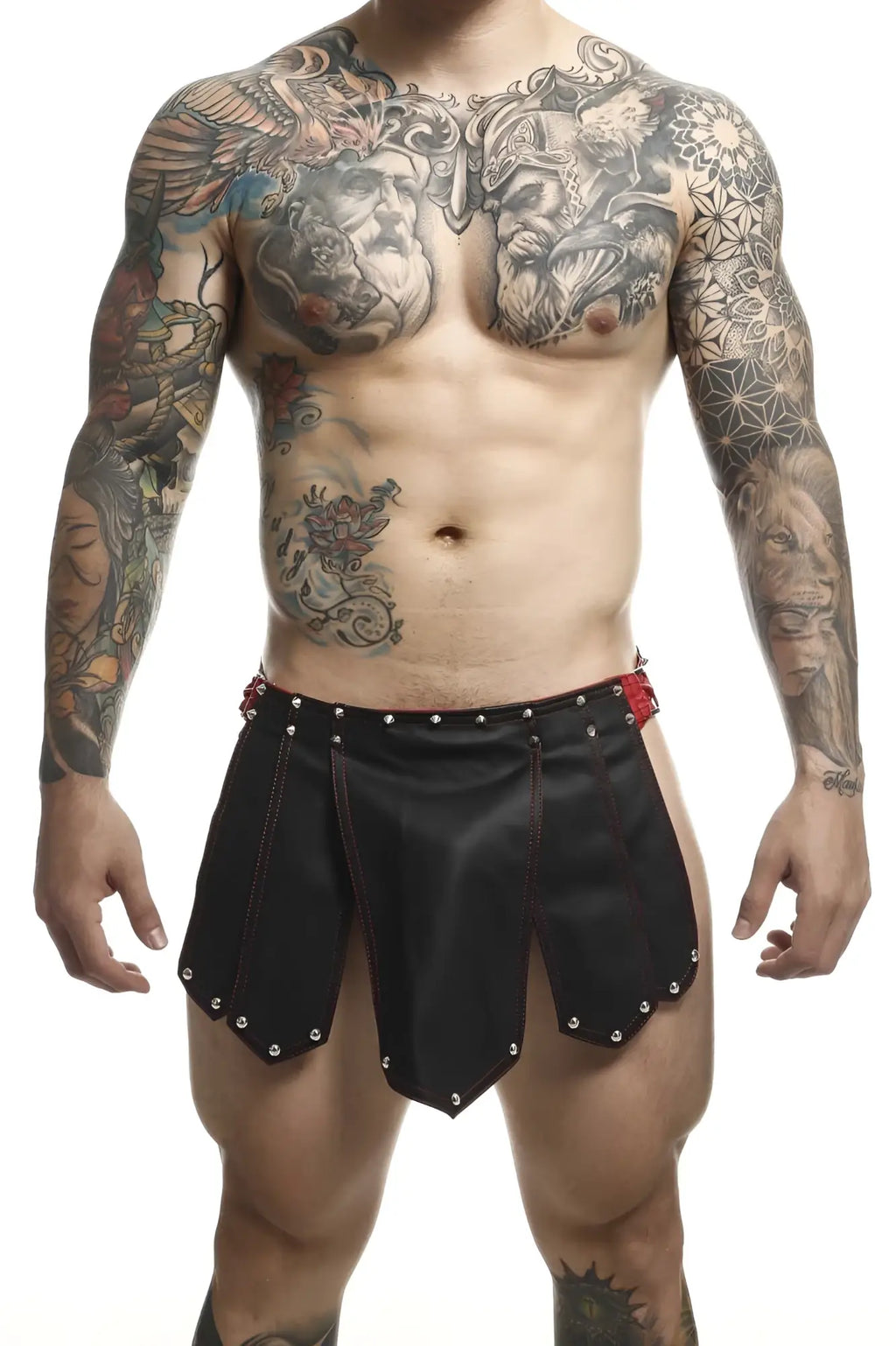 Malebasics dmb10 dngeon roman skirt black leather shorts with red stitching and silver studs along the hem