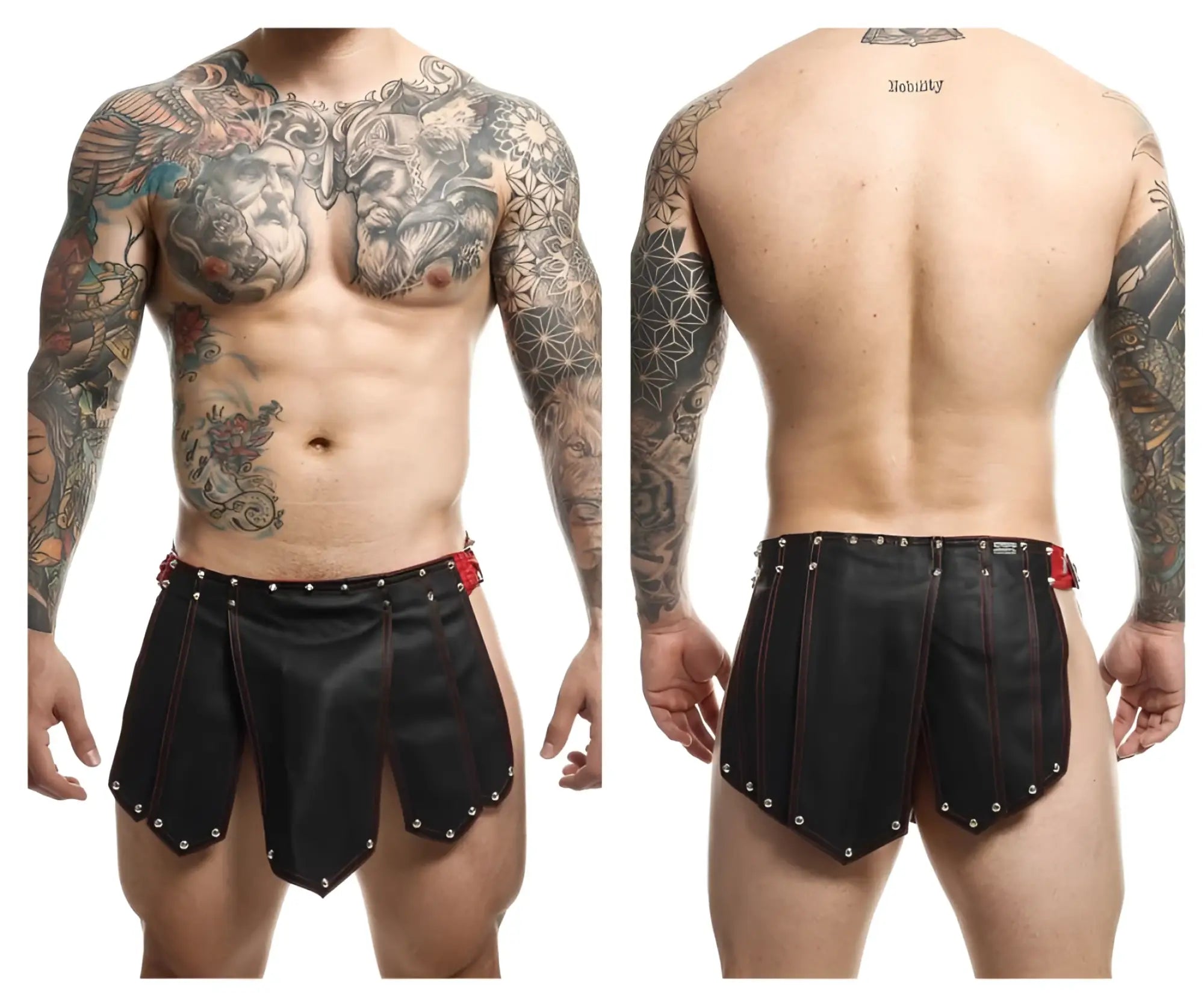 Malebasics dmbl10 dngeon roman skirt black-red black leather shorts with red stitching and silver studs along edges