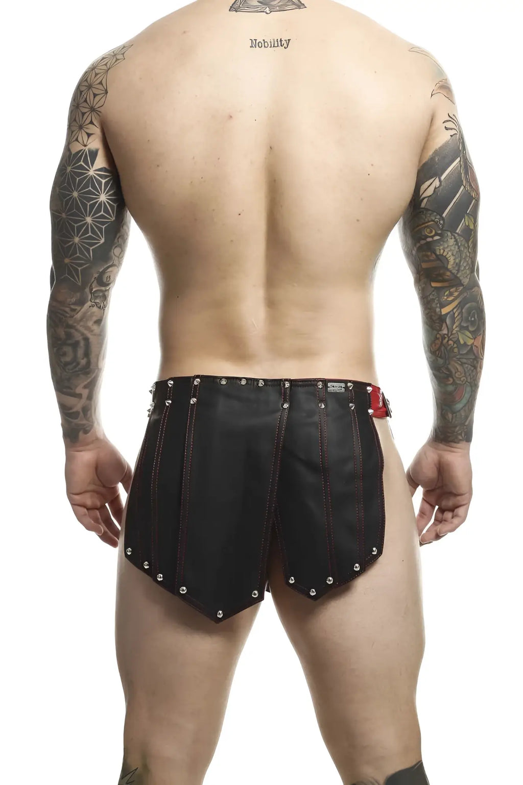Malebasics dmbl10 dngeon roman skirt in black leather with silver studs and red stitching for men