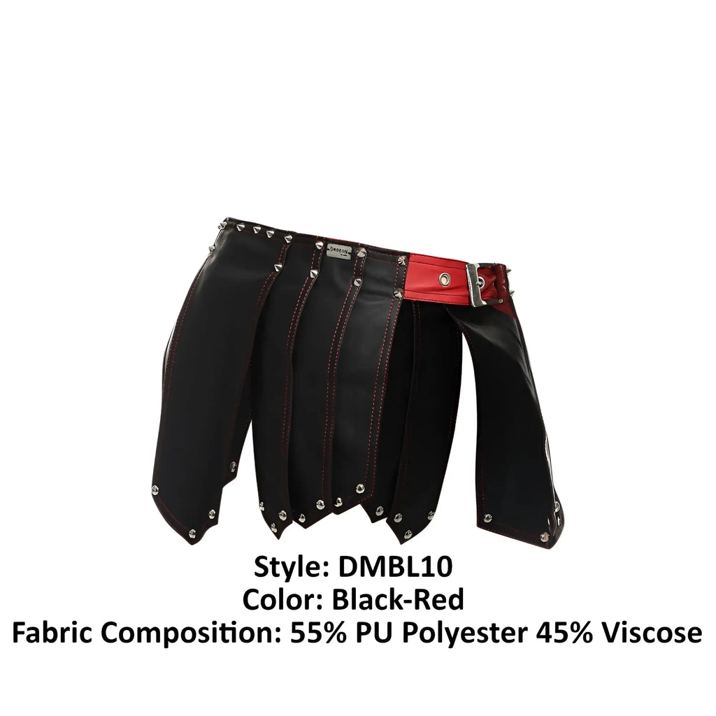 Black and red studded leather malebasics dmble10 dngeon roman skirt with bold edgy design