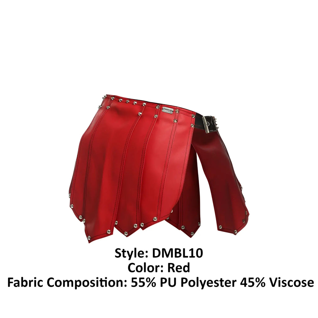 Malebasics dmb10 dngeon roman skirt in red faux leather with silver studs and black belt buckle