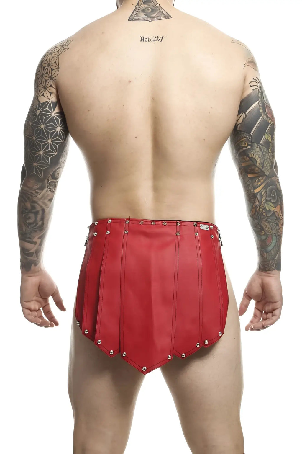 Malebasics dmbl10 dngeon roman skirt in red red leather shorts with metallic studs along the edges