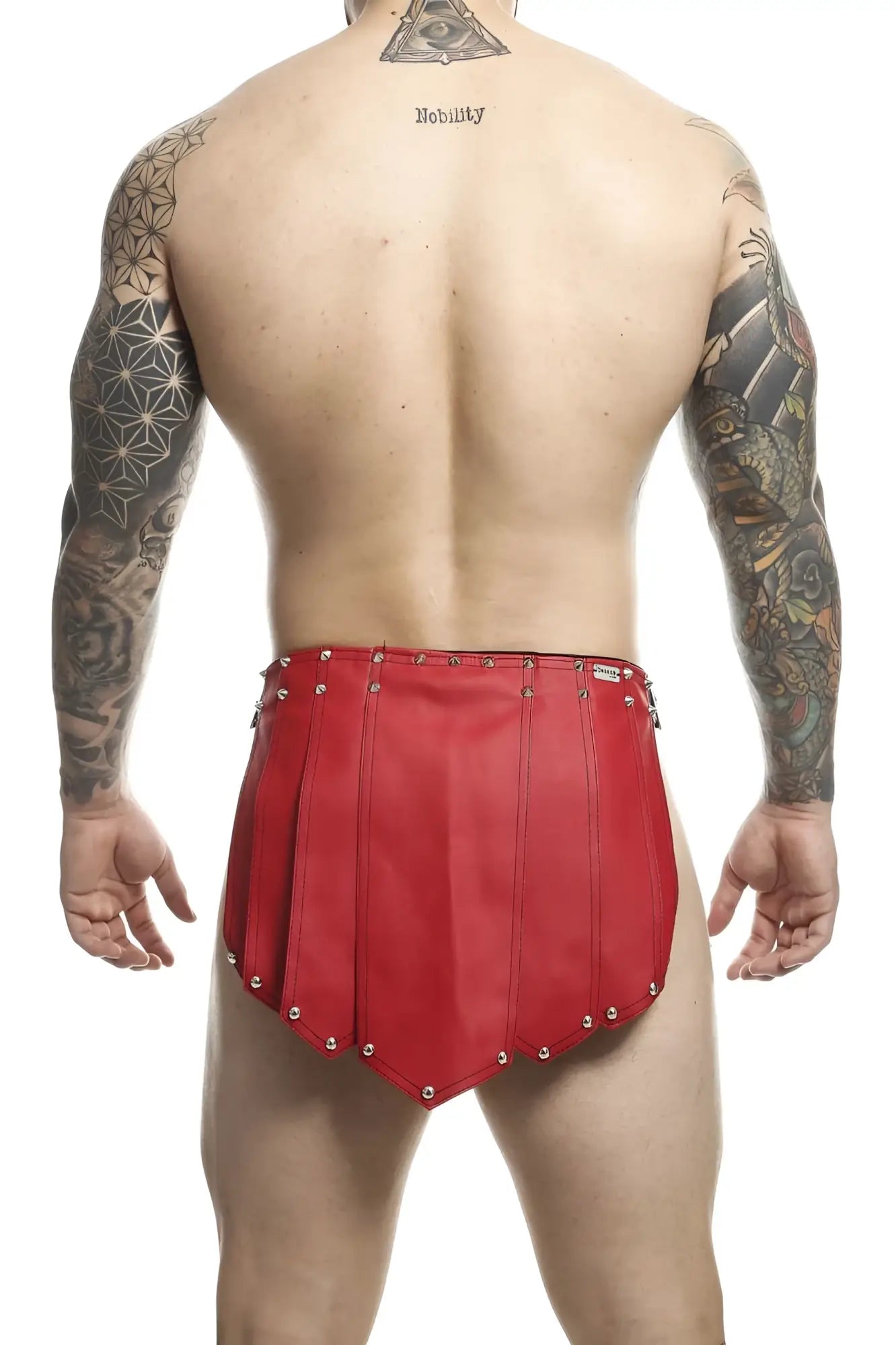 Malebasics dmbl10 dngeon roman skirt in red red leather shorts with metallic studs along the edges