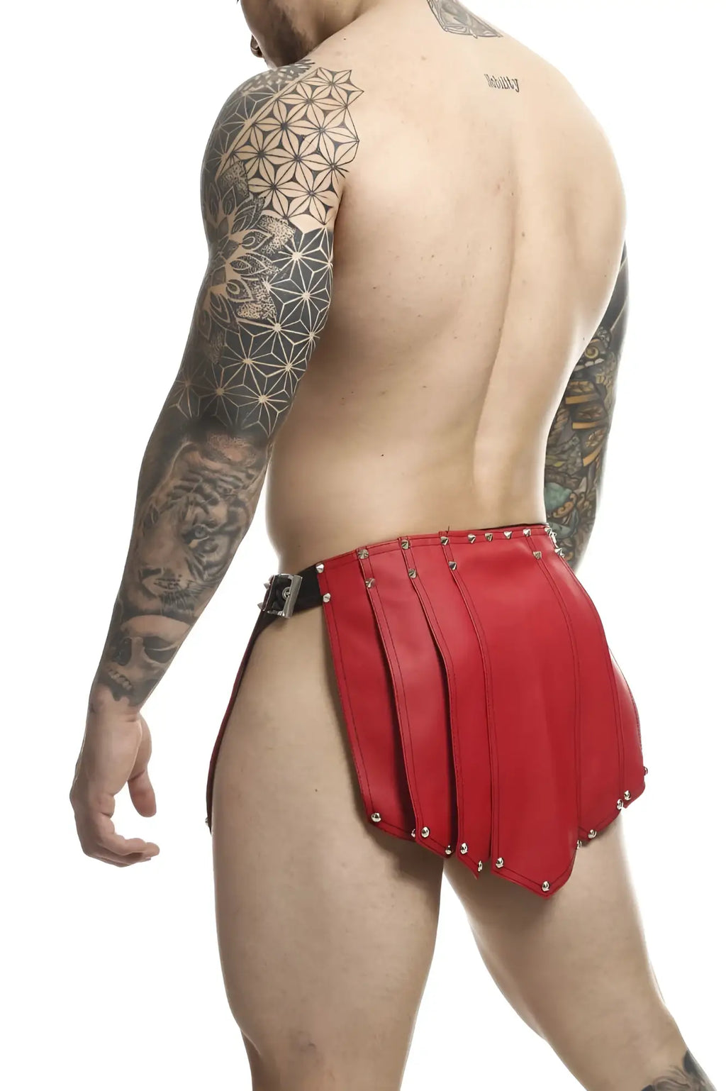 MaleBasics DMBL10 DNGEON roman skirt in red leather with pleated design and silver studs along the hem