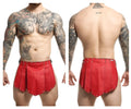 Malebasics dmblo10 dngeon roman skirt in red leather shorts with pleated design and metallic studs along the hem