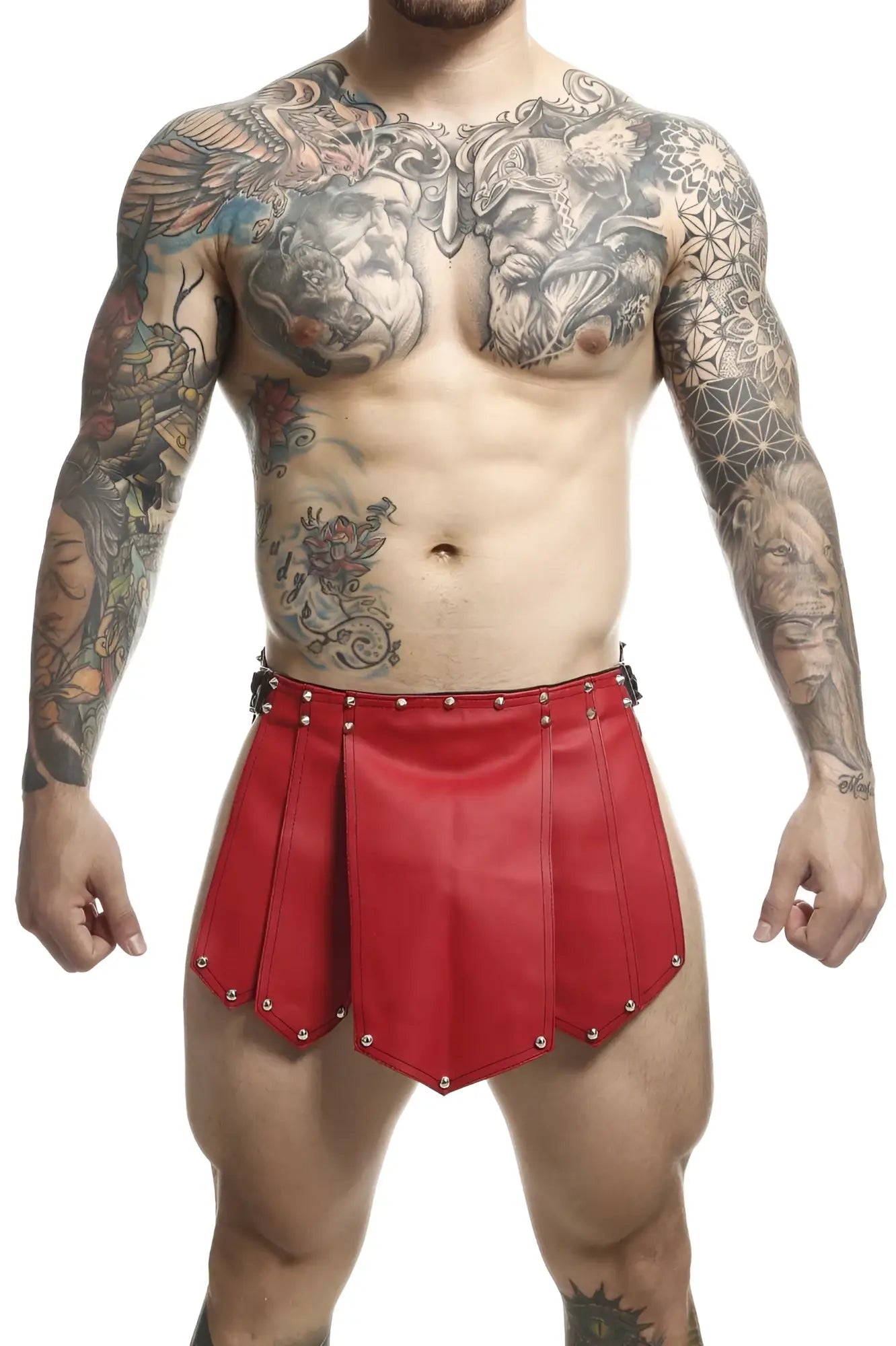 Red leather roman-style shorts with silver studs from malebasics dmbl10 dngeon roman skirt in red color