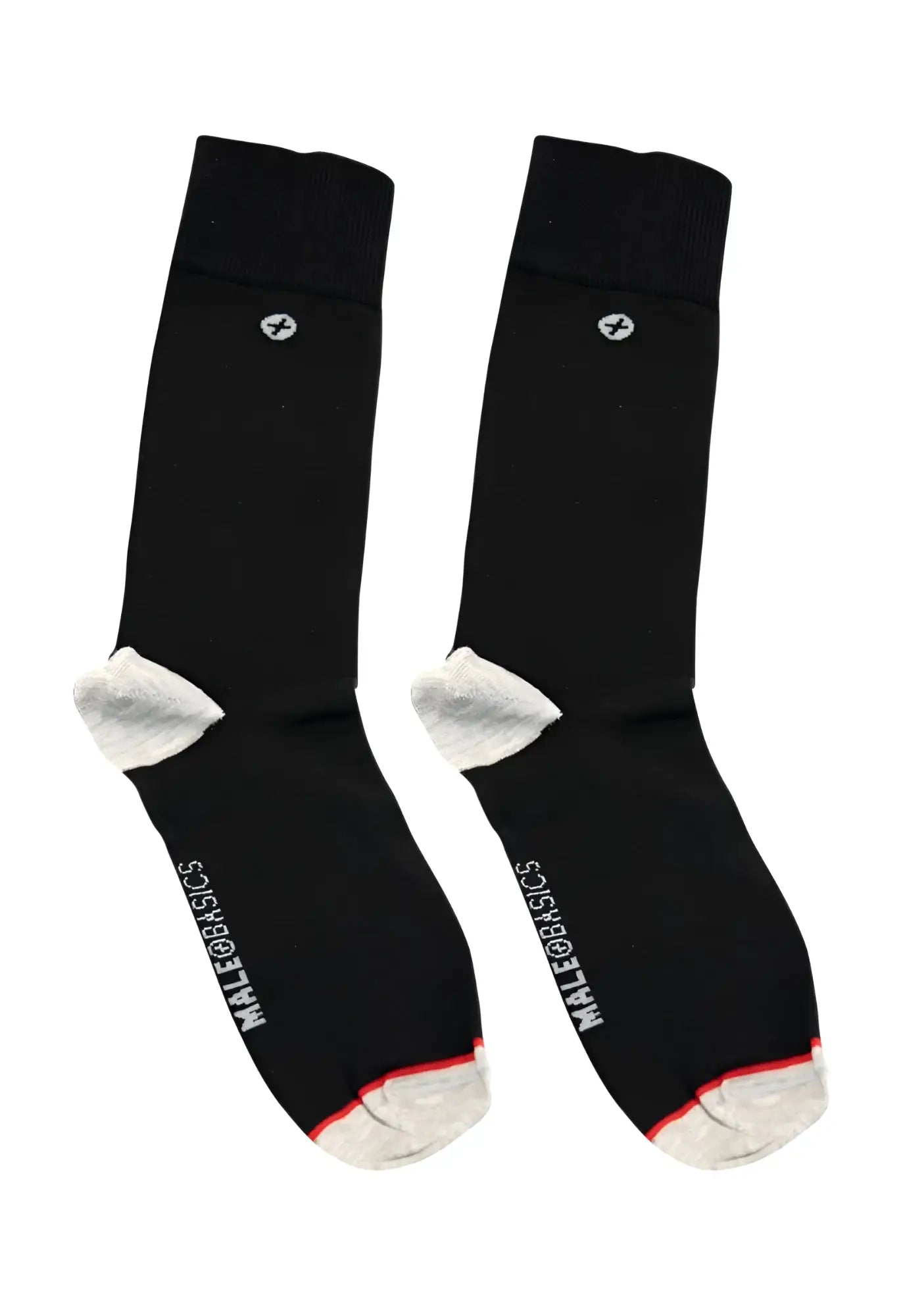 Malebasics dress sock black with white toe and heel accents red trim and logo near the top for men