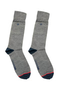 Malebasics dress sock gray heathered with navy toe heel accents red trim and embroidered logo near the top