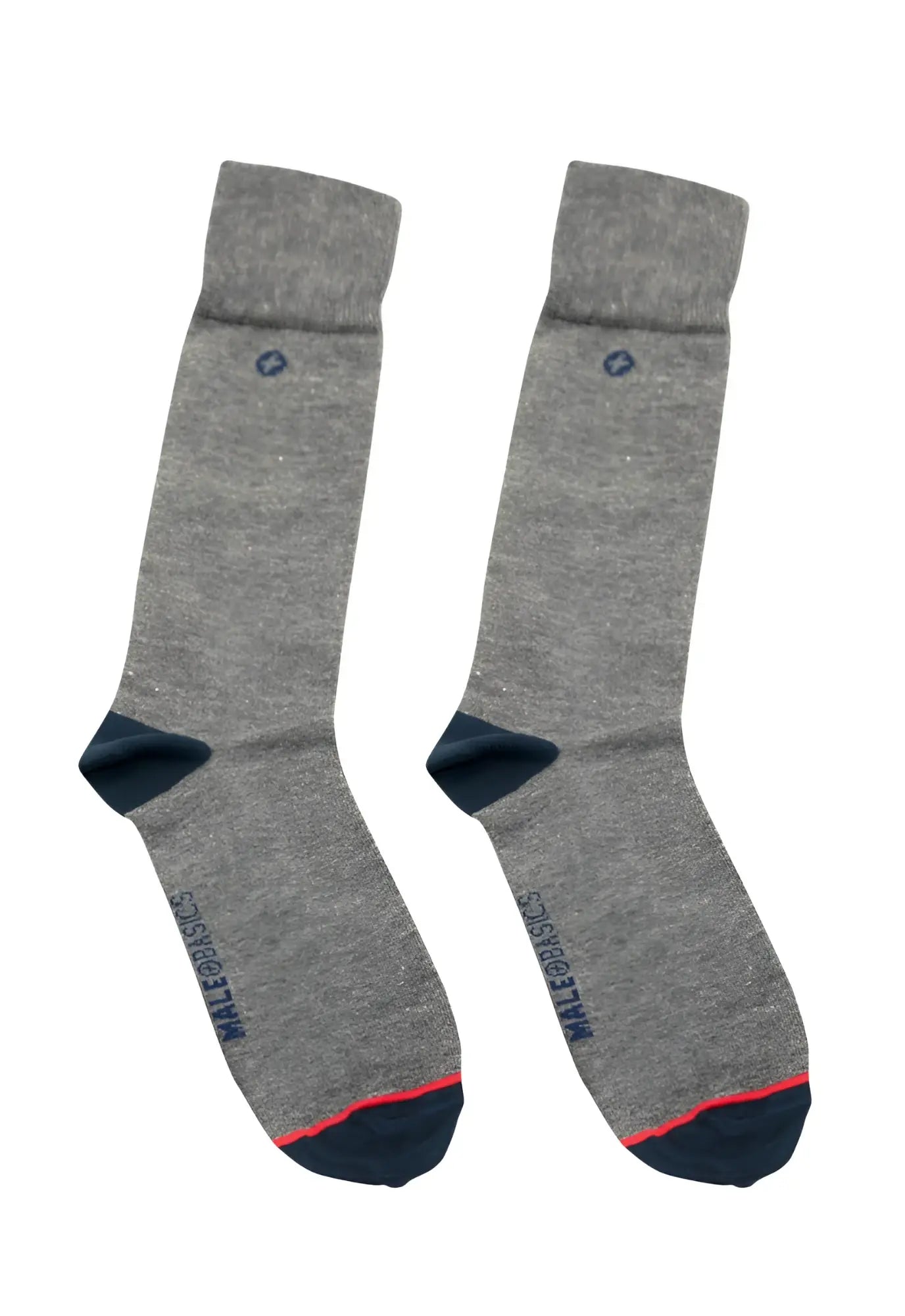 Malebasics dress sock gray heathered with navy toe heel accents red trim and embroidered logo near the top