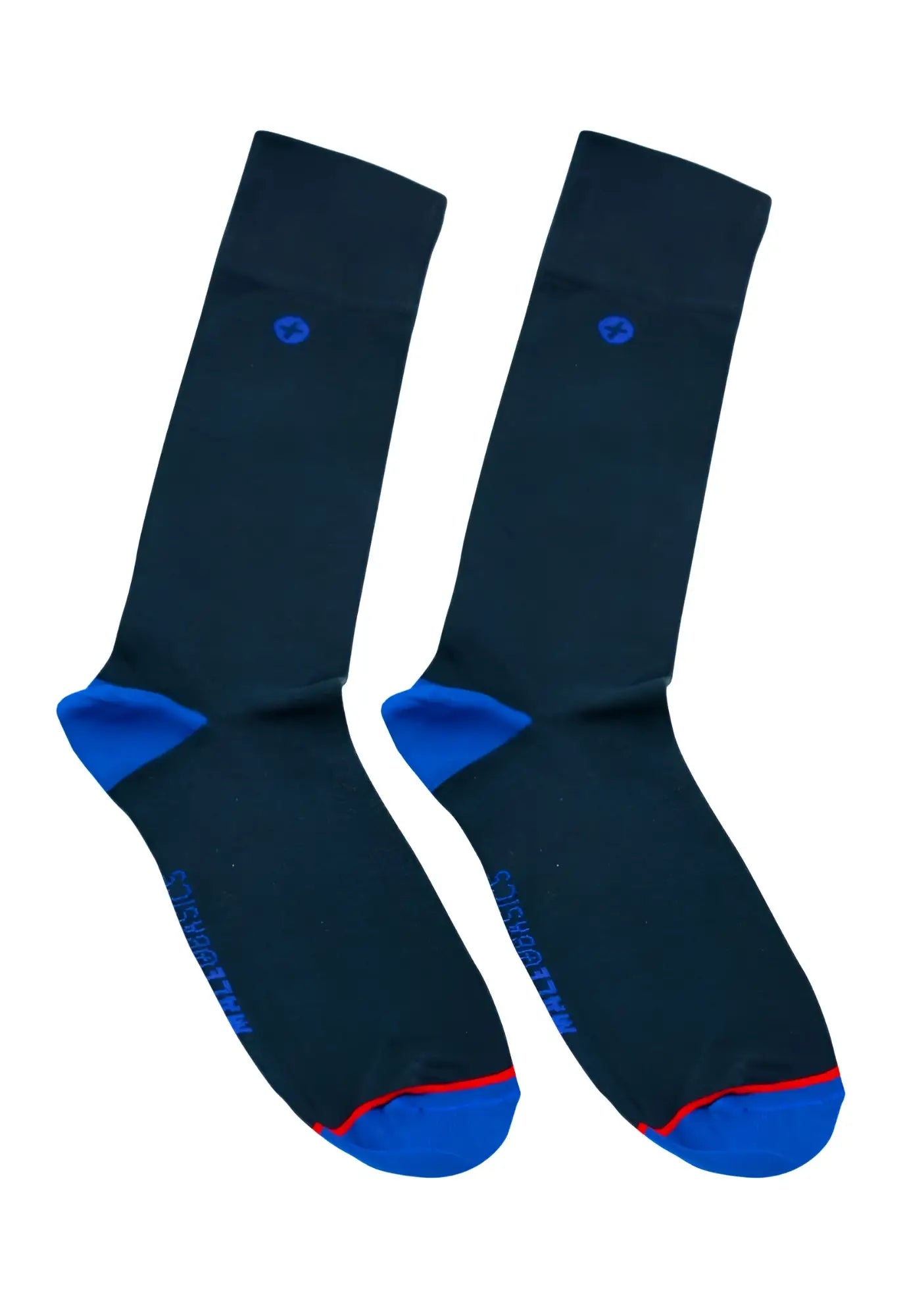 Malebasics dress sock navy featuring dark navy blue crew socks with royal blue toe and heel accents and subtle embroidery
